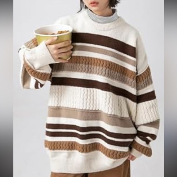 Aelfric Eden | Chunky Knit Striped Oversized Crewneck Grandpa Sweater Neutral - Picture 1 of 9